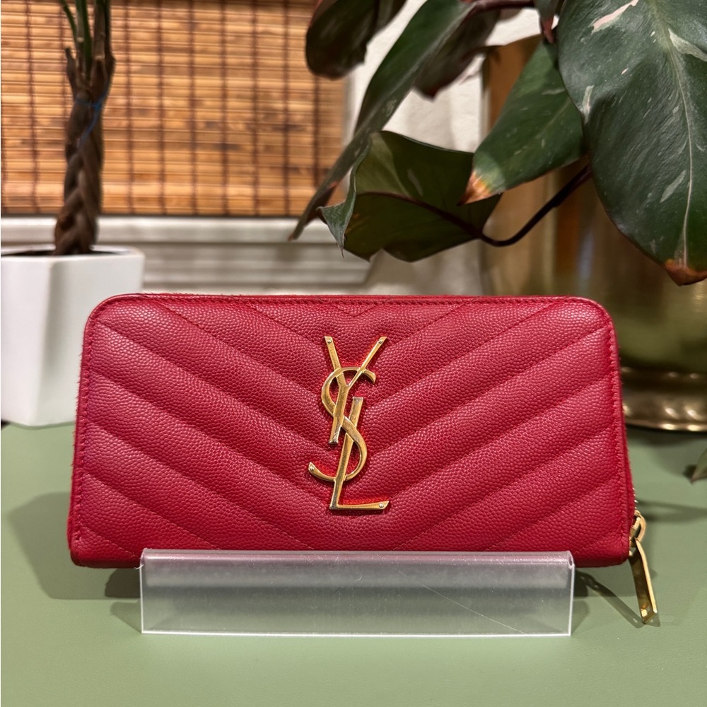 Saint Laurent Red Quilted Wallet with Gold Logo